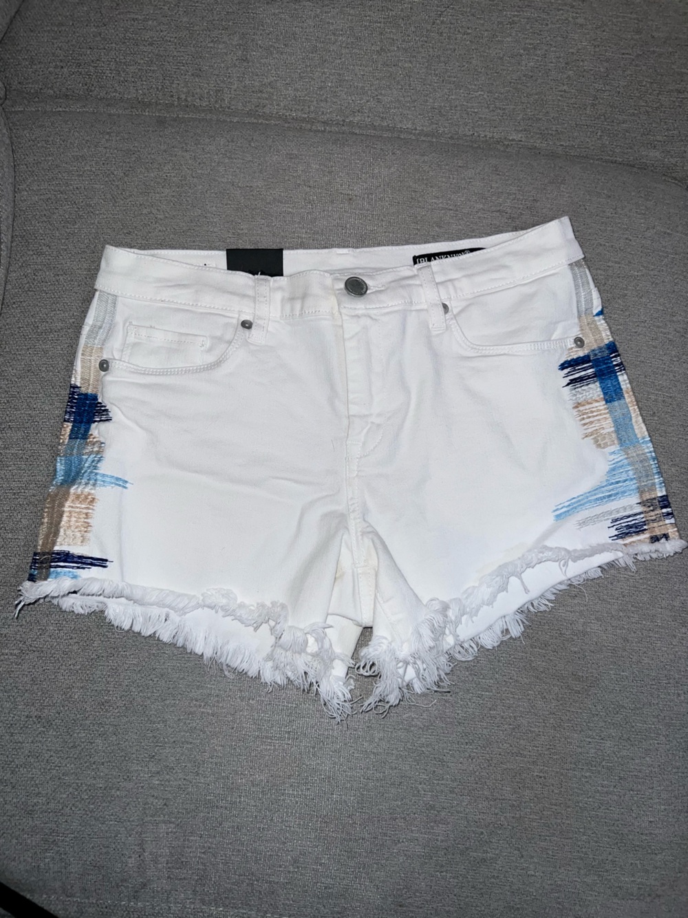 Blank NYC | Astor White Denim Shorts Blue Embroidered Stripe Frayed Hem